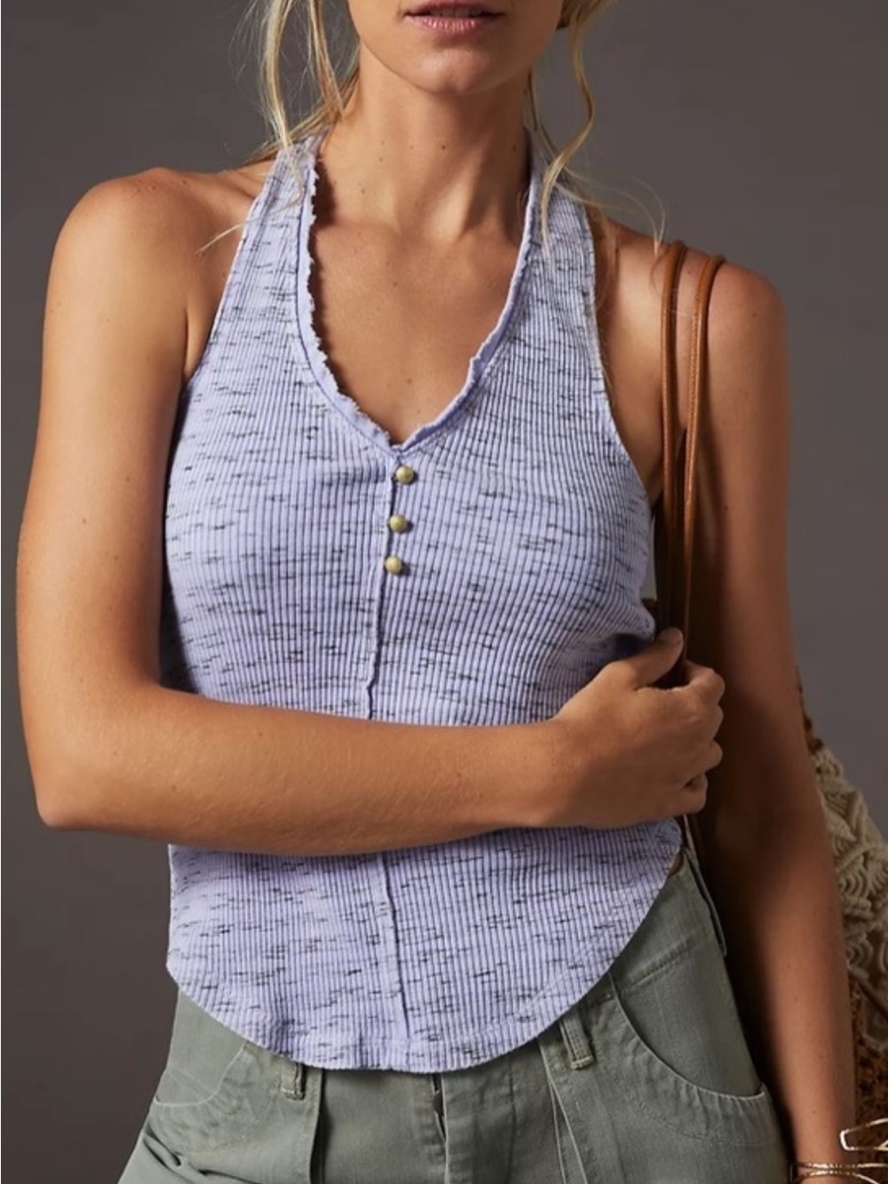 Pilcro Anthropologie Ribbed Henley Halter Top Heathered Stripe Boho Tank